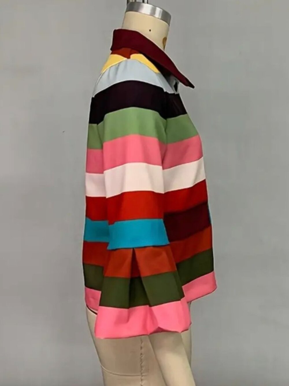 Female Vintage Multi-Colored Striped Lapel Elegant Jackets New Flared Sleeves - Picture 7 of 9